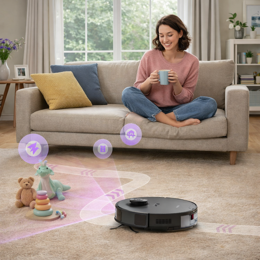 Smiling woman and robotic vacuum in living room